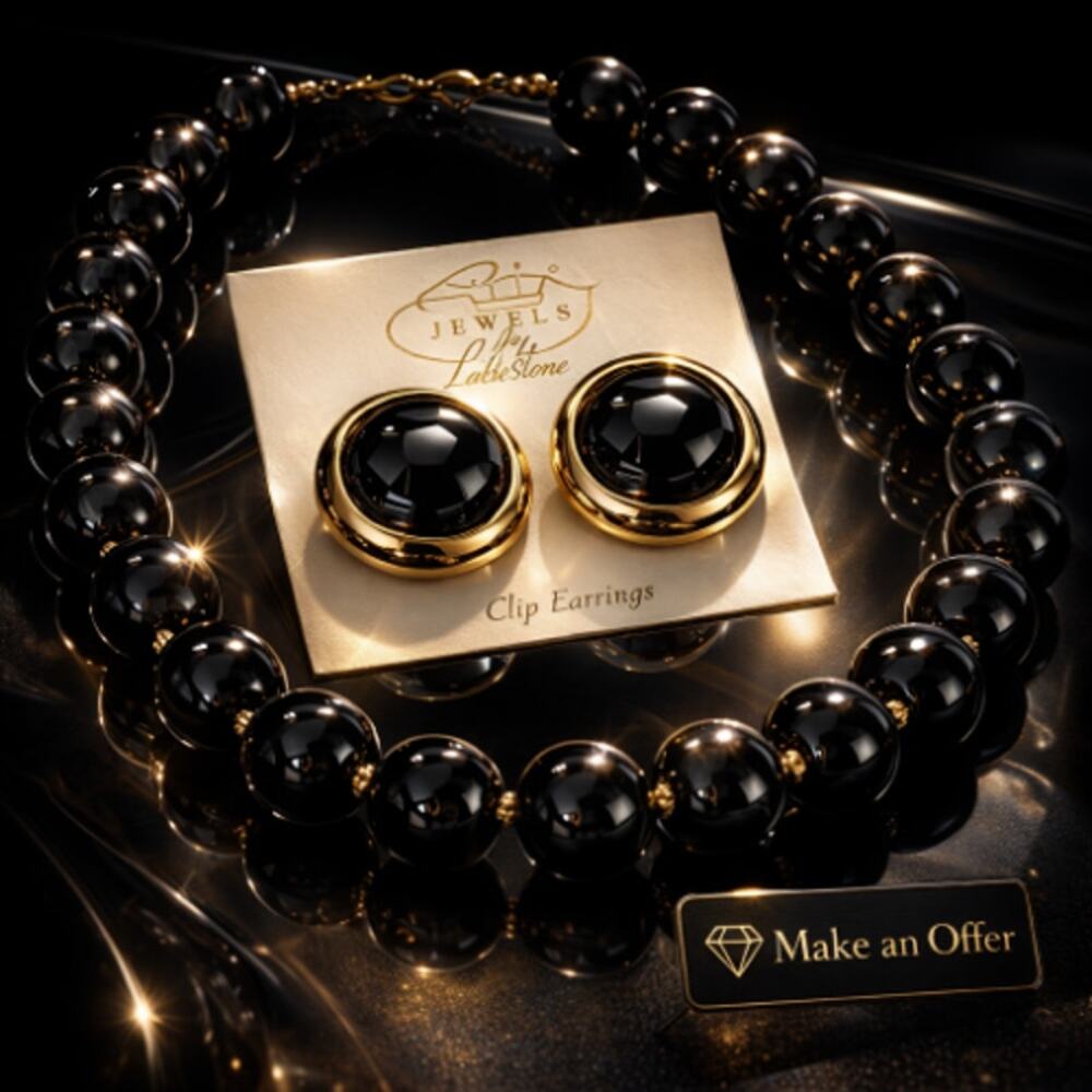 VTG Park Lane Color Connection Black Bead Necklace & matching Clip  Earrings NEW